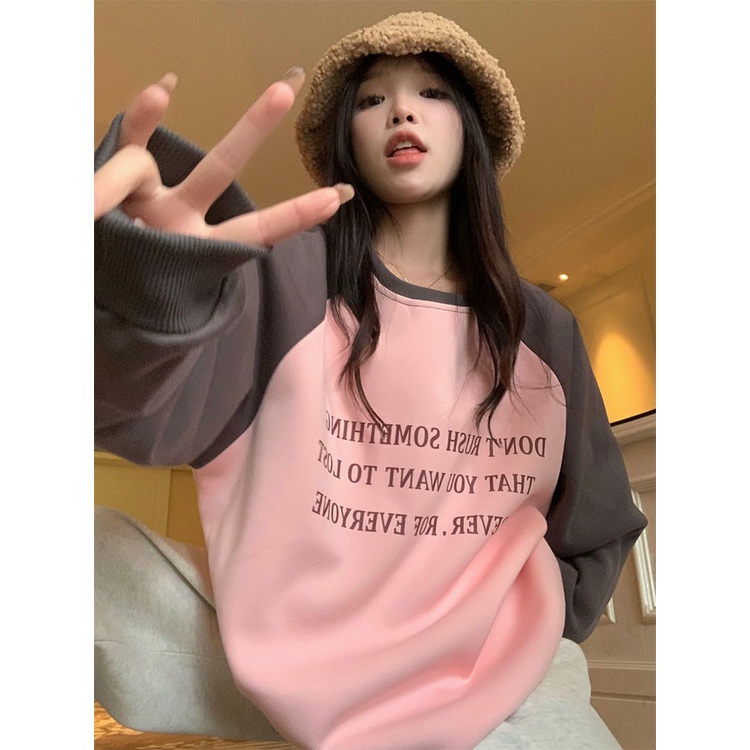 Sweater katun siswa perempuan longgar all-match musim gugur dan musim dingin versi Korea baru dari vitalitas hit warna surat dicetak baju atasan lengan panjang