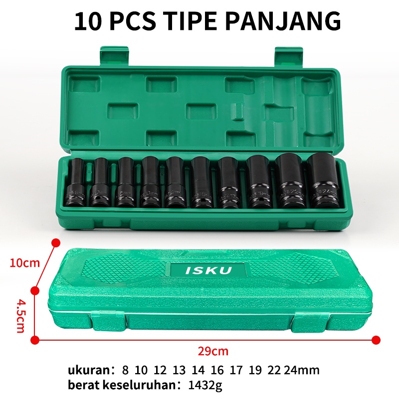 ISKU Mata Shock Set Extention Impact 1/2 8-24mm Kunci Socket Set 10 pcs High Carbon Steel Kuat dan Tahan Lama Extention Pajang Mata Sock Set Motor Car Repair Tool Baru Bersegel