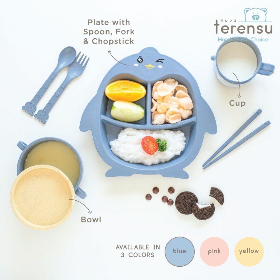 TERENSU Set Piring Makan Anak + Sendok Garpu Sumpit Motif Pinguin