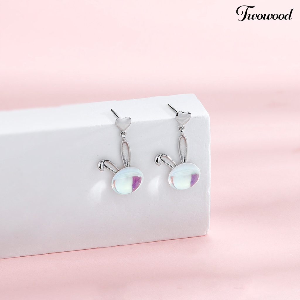 1 Pc Anting Stud Desain Kepala Kelinci Hati Batu Bulan Palsu Bahan Tembaga Anti Karat