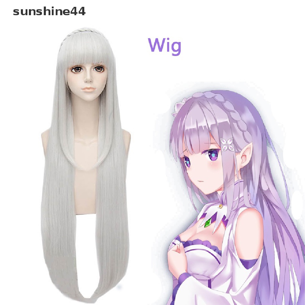 Sunshine Wig / Rambut Palsu Panjang + Lurus Model Karakter Kartun Anime Emilia Warna Putih Untuk Cosplay