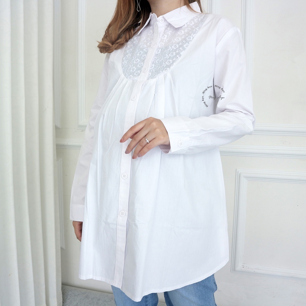 NINGAYU  Baju Atasan Ibu Hamil Busui Kerja Putih Polos Lengan Panjang FULL KANCING - BLJ 393