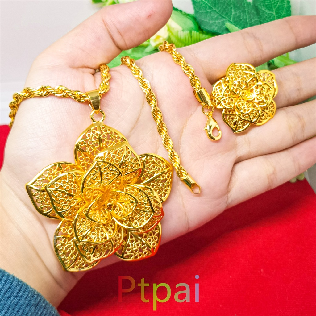 Set Kendari Kalung+Cincin Mawar Dewasa Lapis Emas 24k Besar Bunga Fashion Dubai Fashion Mewah Xuping