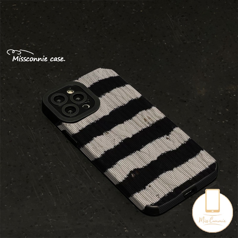 Soft Case Silikon Tekstur Kulit Garis Hitam Putih Tahan Banting Untuk iPhone 7Plus 8Plus 11 14 13 12 Pro Max XR X XS Max 7 8 Plus