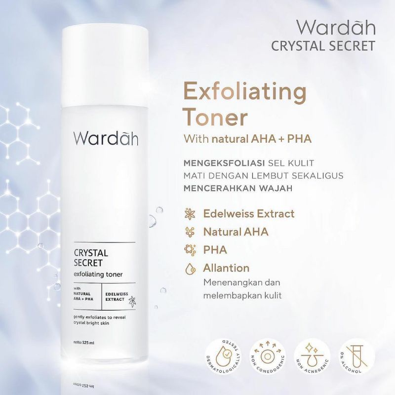 Wardah Crystal Secret Exfoliating Toner 125ml Natural AHA + PHA Edelweiss Extract eksfoliasi sel kulit mati Untuk Semua Jenis Type Kulit