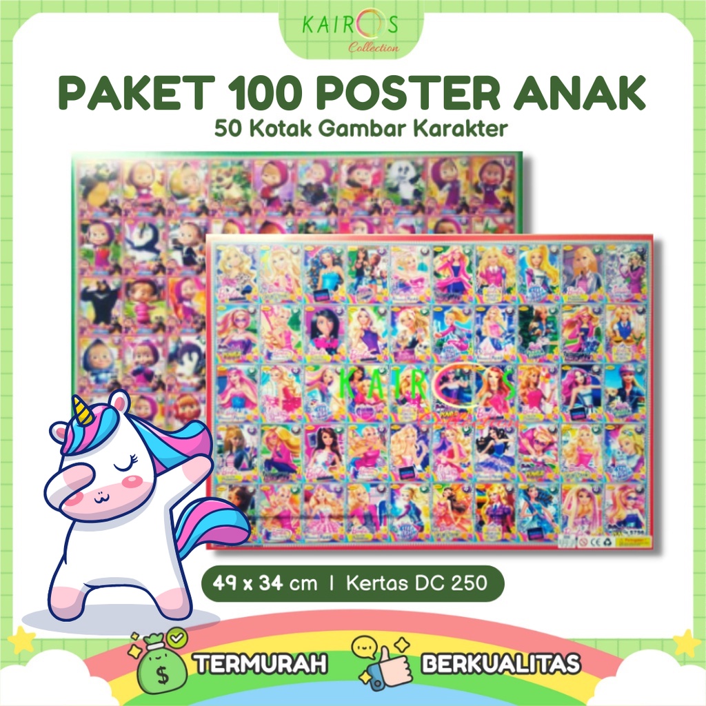 Paket 100 Poster Anak Edukasi Belajar Aneka Karakter 50 Kotak