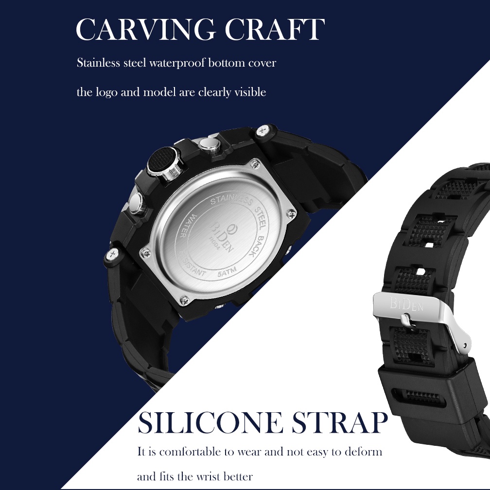 BIDEN Jam Tangan Pria Olahraga Militer Anti Air Luminous Analog&Digital Tali Silikon Multifungsi Jam Tangan Cowok Original-5