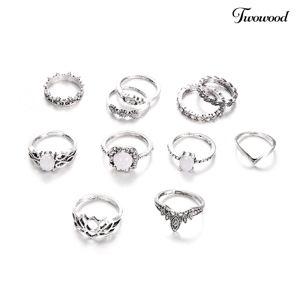 Set 11Pcs Cincin Knuckle Stacking Hias Opal Berlian Imitasi Untuk Wanita