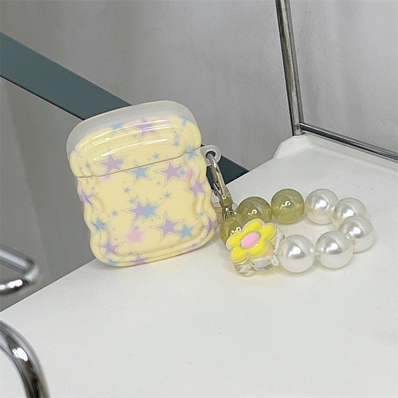 Pastel Yellow Star with Pearl Flower Chain Softcase for Airpods 1 2 Pro 3 Case Airpods Inpods TWS