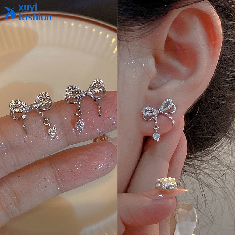 Anting Kristal Bersinar Elegan Lucu Busur Anting Perak Untuk Aksesoris Perhiasan Wanita Gaya Korea