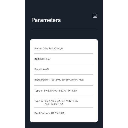 Wall Charger AWEI Charger Fast Charging 20W PD Dual USB Type C 3.0 - PD7