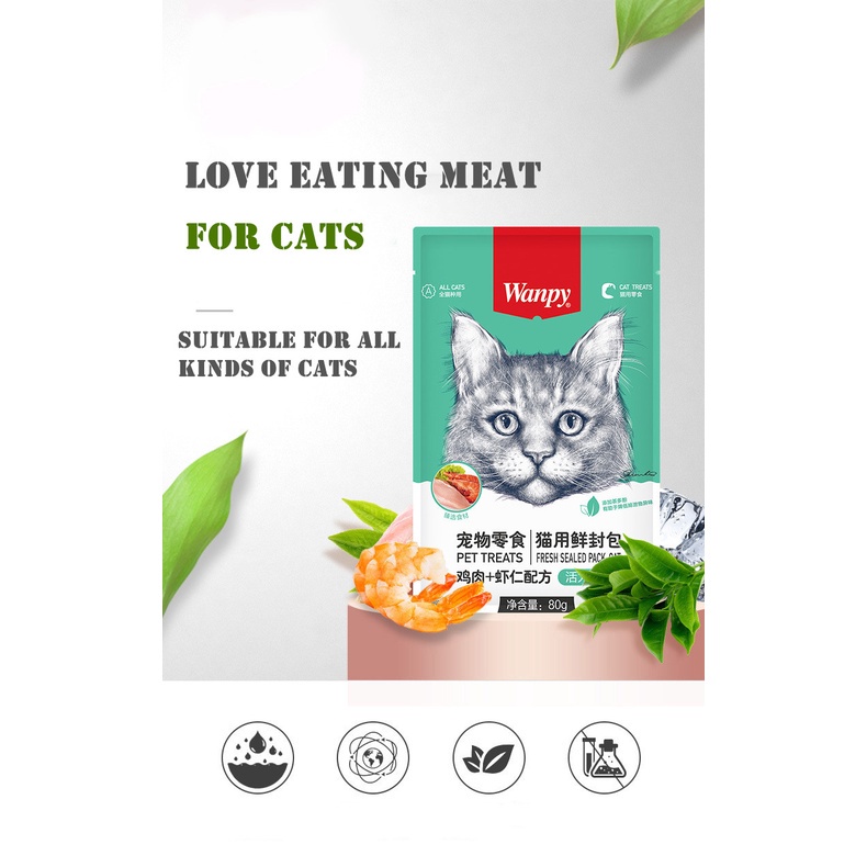 Wanpy 80g Snack kucing Snack Hwan Peliharaan Cat Strip Cat Wet Food Paket Daging Segar Camilan Kucing Berkualitas Tinggi