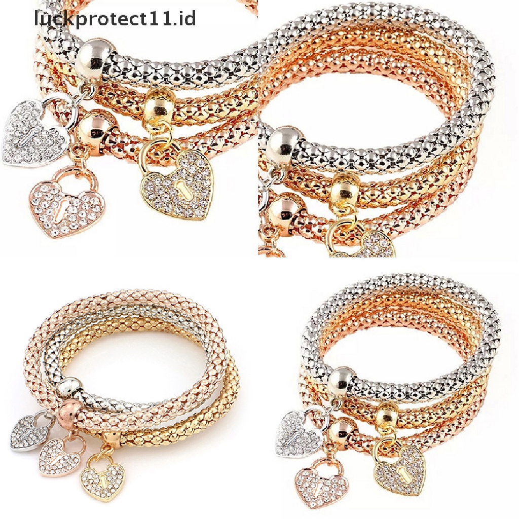 3 Pcs Gelang Kristal Berlian Imitasi Bentuk Hati Elastis Untuk Wanita