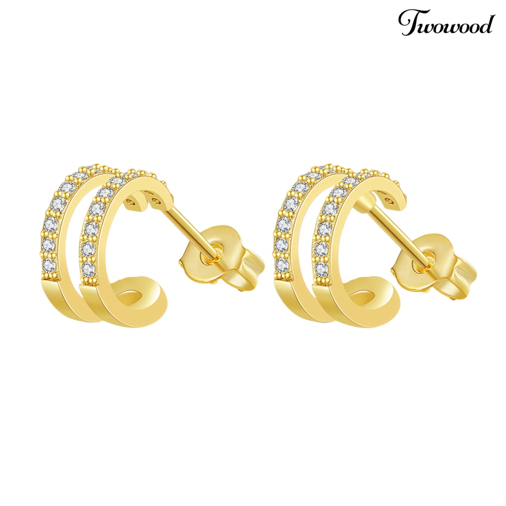 2pcs Anting Stud Berlian Imitasi Lapisan Ganda Untuk Wanita