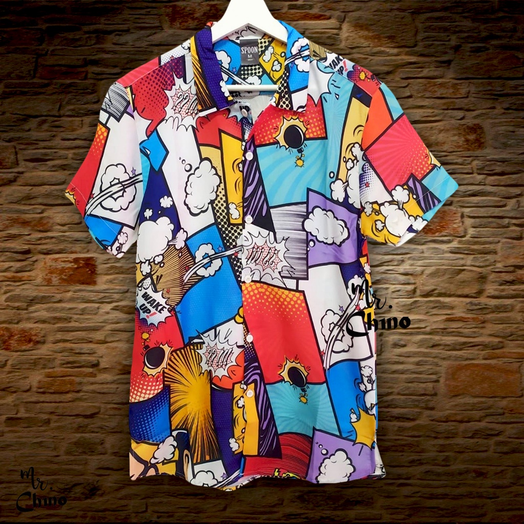 Baju Kemeja Motif Cartoon Comic | Kemeja Hawai Lucu Pria Wanita Dewasa | Kmeja Pantai Outerr Kartun 