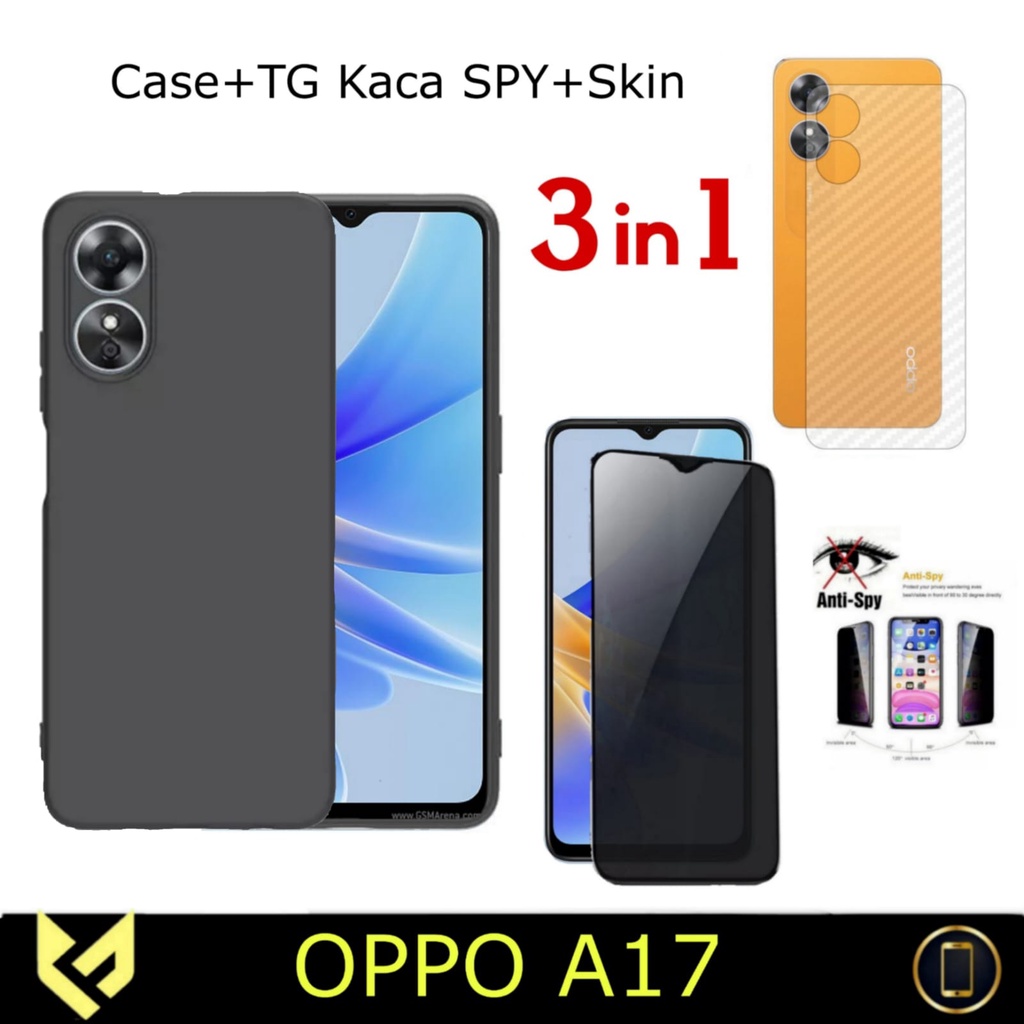 New Paket 3IN1 Case OPPO A17 Soft Case Black Matte Free Tempered Glass Warna &amp; Garskin Carbon Pelindung Body Belakang Handphone