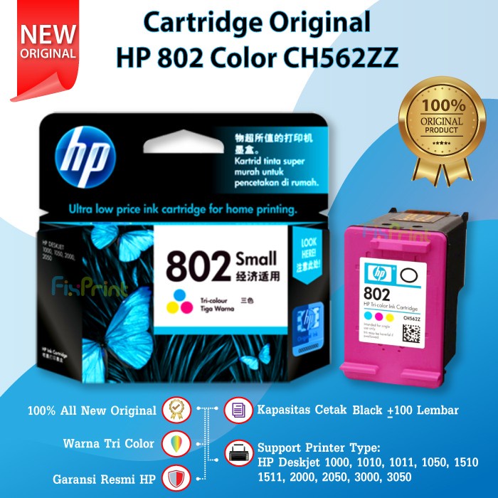 HP 802 Color CH562ZZ Cartridge Tinta Printer Deskjet 1000 1010 1050