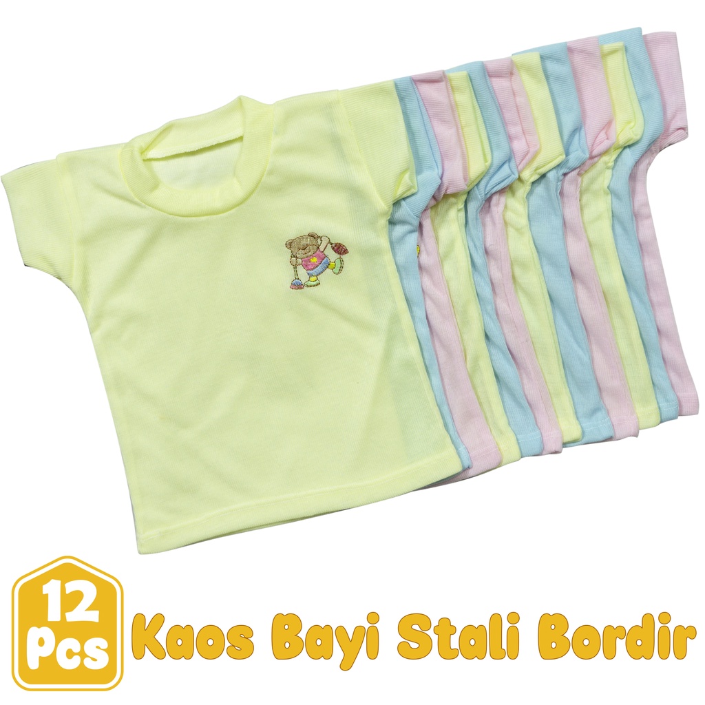 kaos bayi oblong setali bordir satu lusin Laki perempuan Baju Grosir harian bayi (12Pcs)