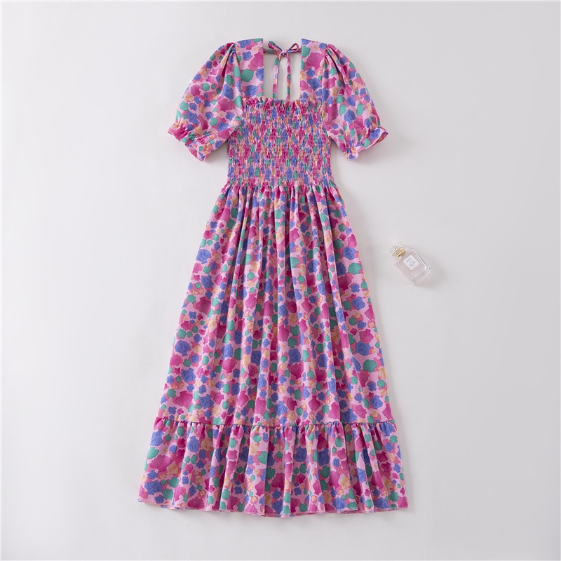 Daster wanita lengan pendek musim panas A-line floral boho midi dress