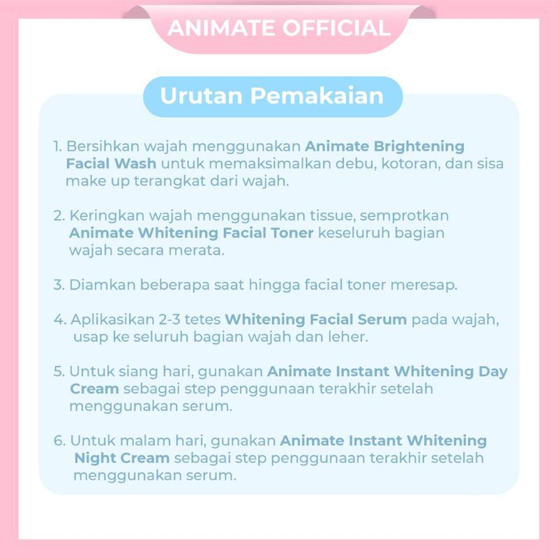 Animate Whitening Series Paket 5 in 1 (Day Cream | Night Cream | Facial Toner | Facial Wash | Facial Serum) Paket Pemutih Wajah / Penghilang Flek Hitam