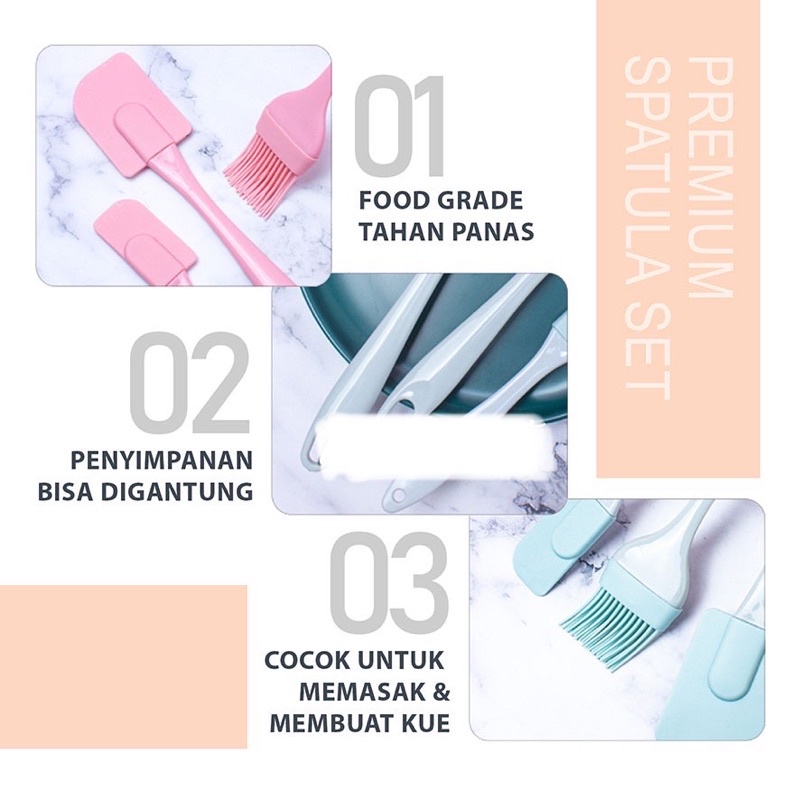 Spatula Silikon Tahan Panas Set / Spatula Set 3 in 1 / Kuas Silikon Tahan Panas