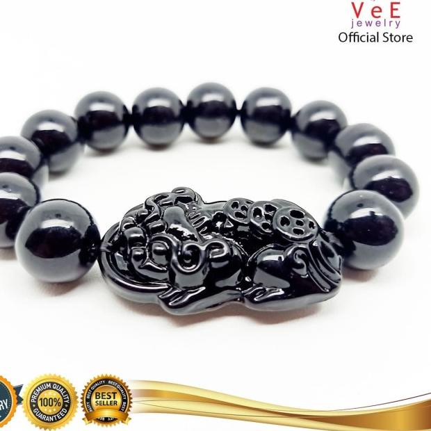 Gelang Batu Giok Hitam Black Jade Cina Asli 13mm Bandul Pixiu - VeE