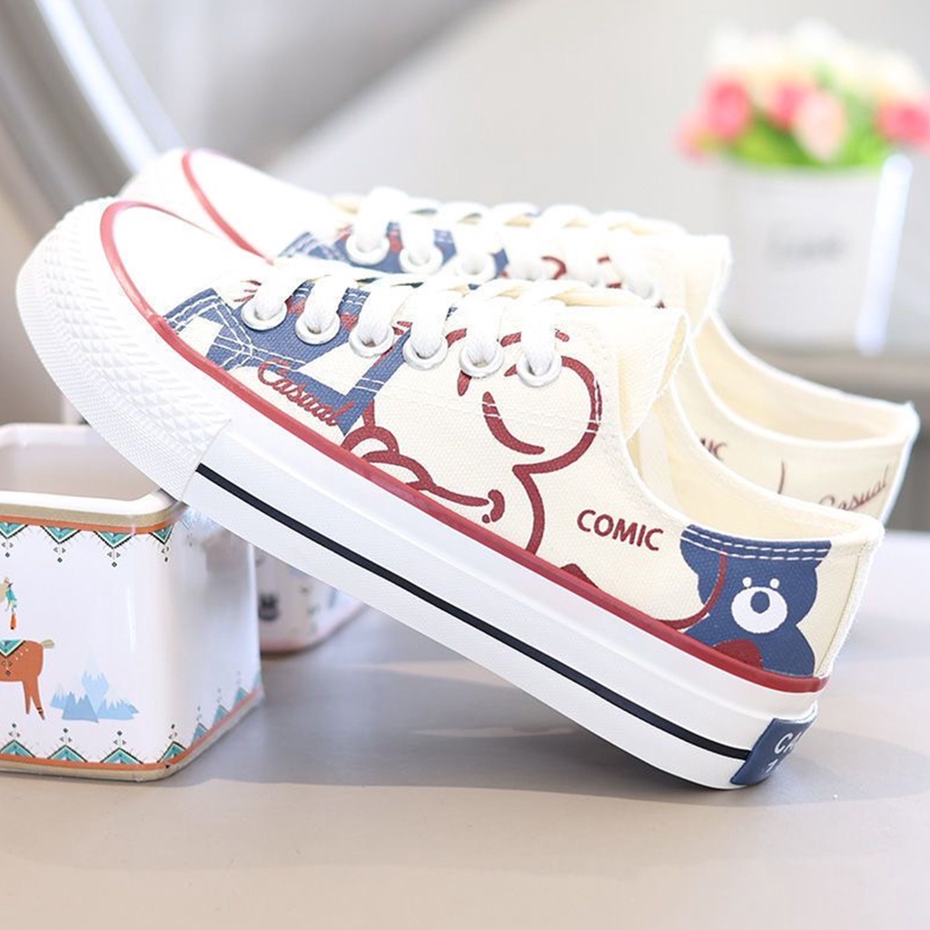 Sepatu Kanvas Wanita Casual Bertali Terbaru Motif Lucu Fashion Cewek Import