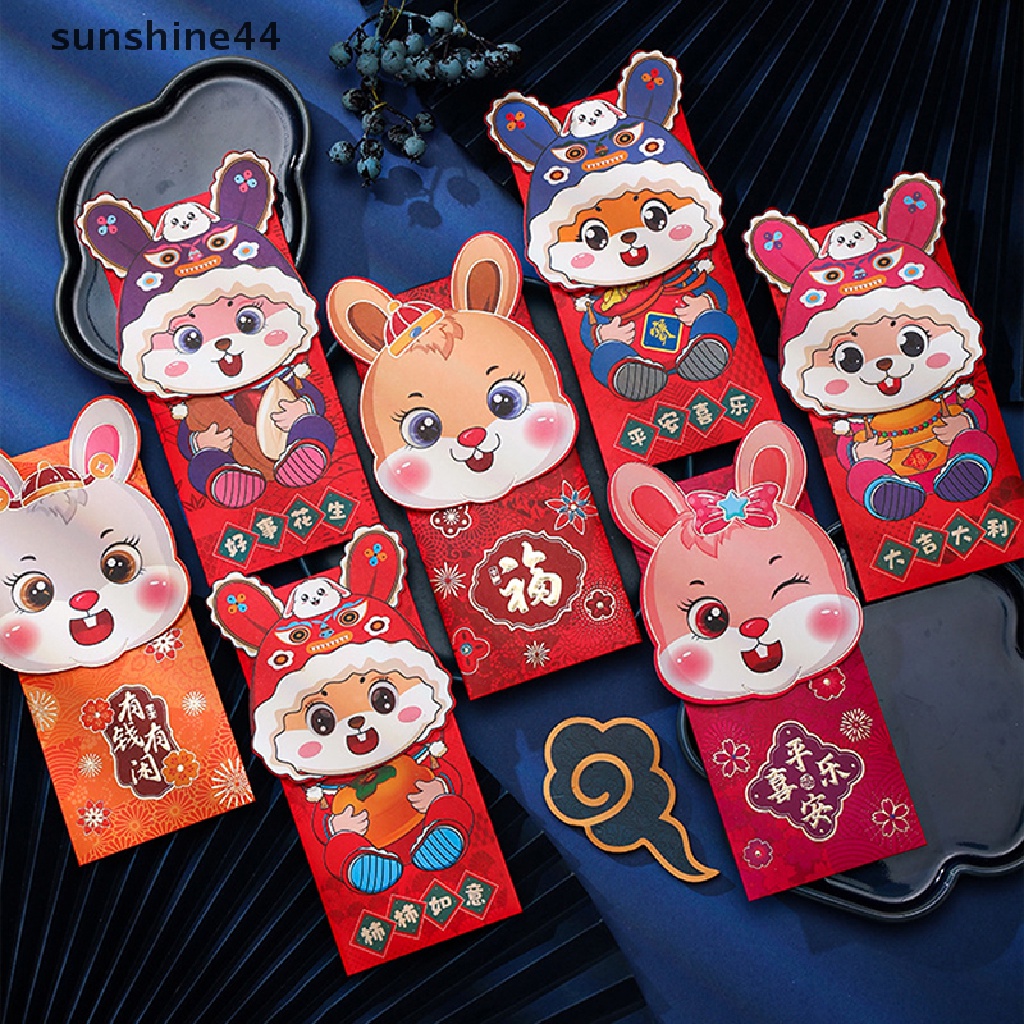 Sunshine 4 / 6PCS Amplop Angpao Merah Motif Kartun Kelinci Untuk Tahun Baru Cina / Pernikahan / Ulang Tahun