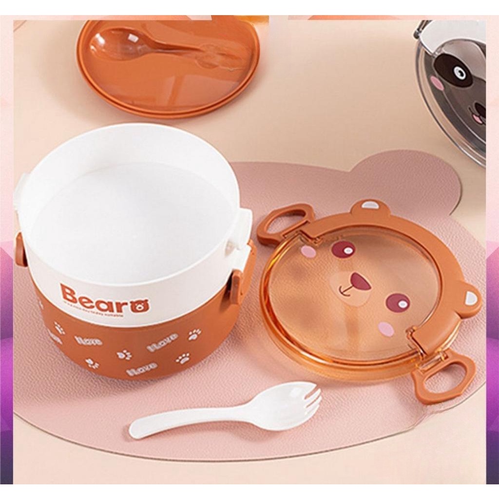 T24 - Lunch Box Set Bulat / Tempat Makan Anak Motif Lucu / Kotak Bekal Anti Tumpah Portable Set