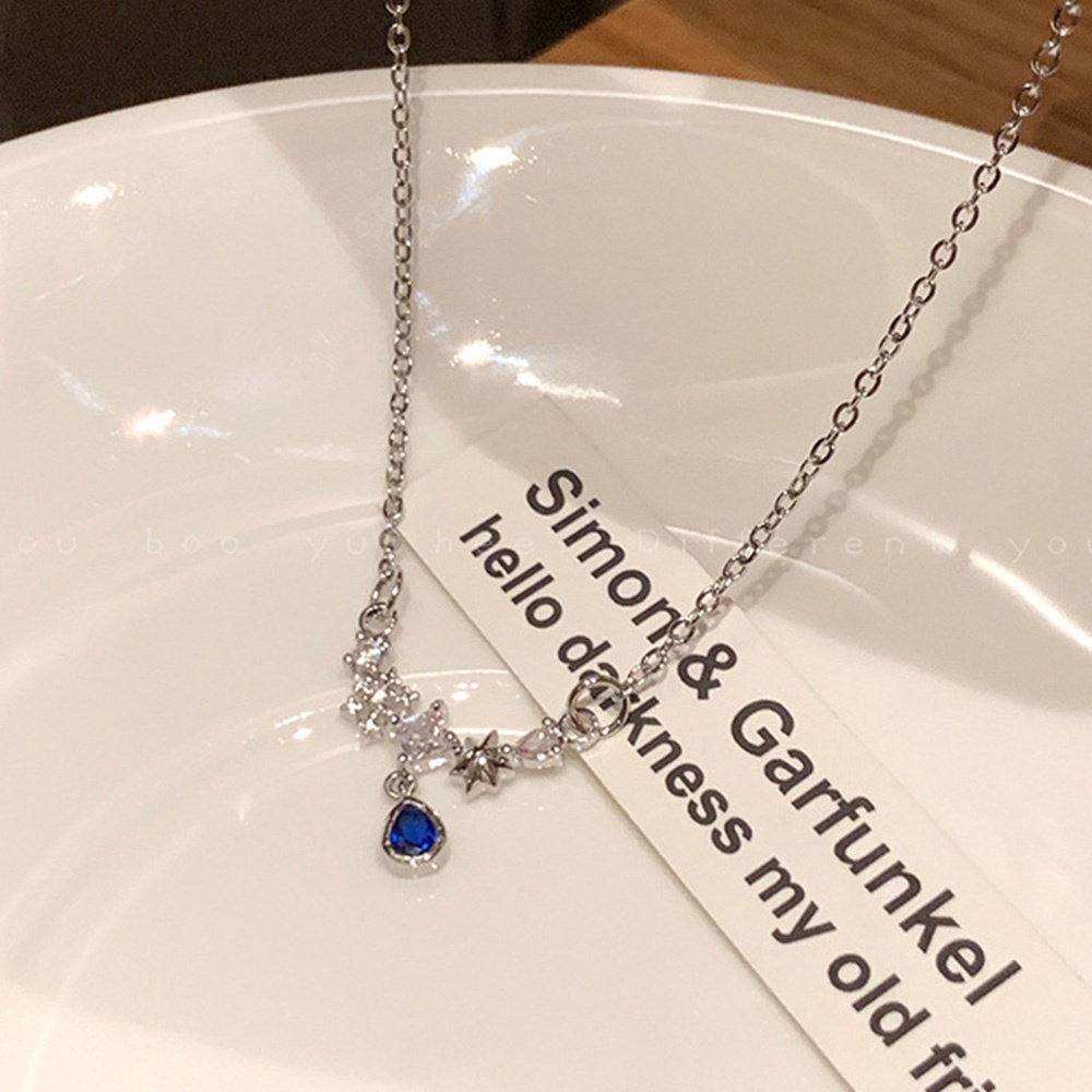 Kalung Rantai Klavikula Hias Liontin Tetesan Air Bahan Zirkon Biru Gaya Simple Elegan Untuk Wanita