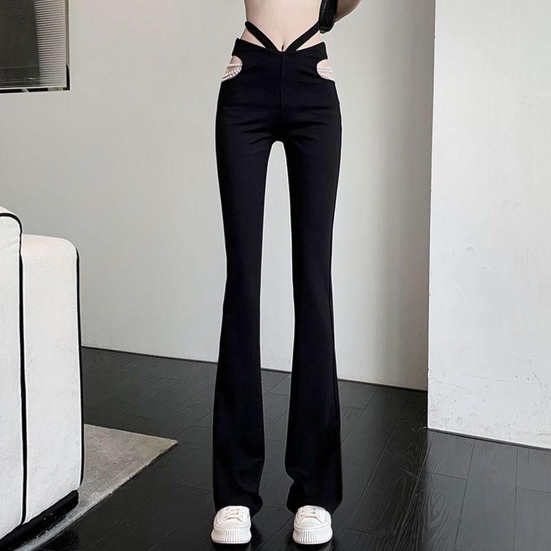 Red Setelan jas berongga berbentuk V berpinggang tinggi mikro berkobar celana lebar kaki celana menggantungkan mengepel celana kasual wanita setelan celana celana