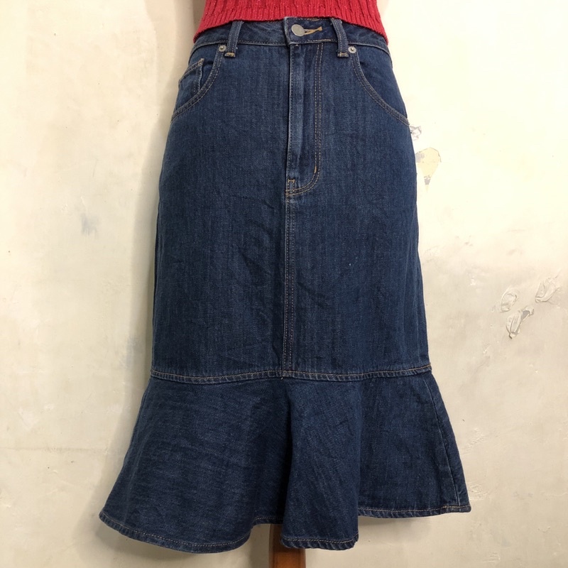 GU UNIQLO DENIM RUFFLE MIDI SKIRT HIGH WAISTED Y2k STYLE