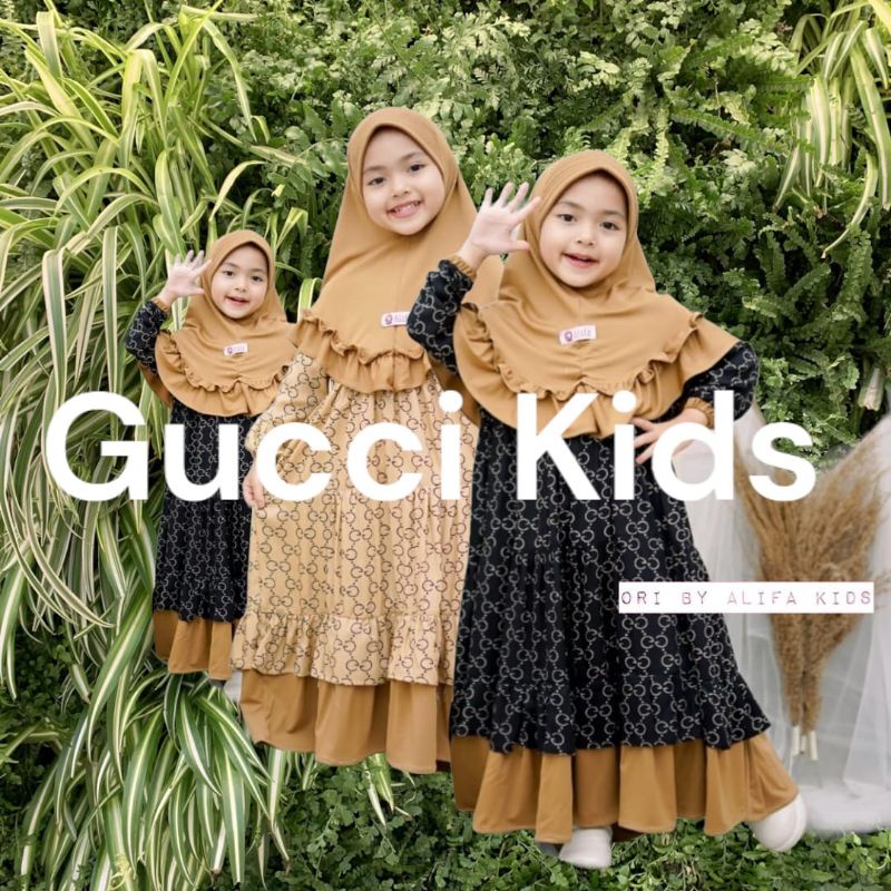 Gamis anak gucci KIDS | Terbaru viral | Bahan  rayon lovely mix jersy | set plus jilbab | usia 2-9 t