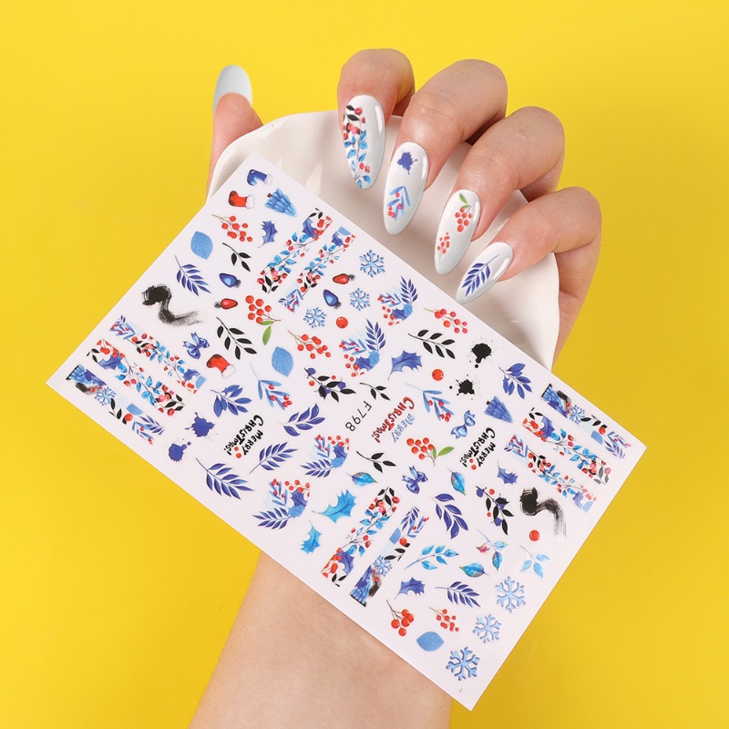 Stiker Kuku 3D Motif Rusa / Daun / Snowflake / Santa Claus Untuk Nail Art