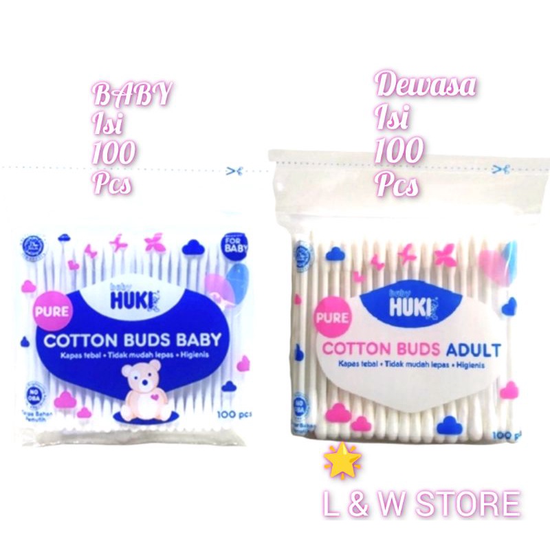 Huki Pure Cotton Buds Adult 100 Pcs | Huki Pure Cotton Buds Baby 100 Pcs/Korek Kuping