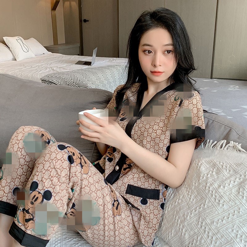 TELLY ➡️ 341set baju tidur Baru musim panas es sutra piyama wanita atasan lengan pendek + celana setelan homewear