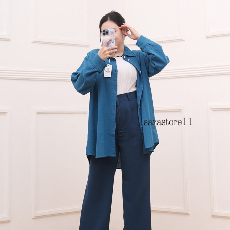 Kemeja Linen Oversized - Oversize Shirt-OVERSIZE TURQUOISE
