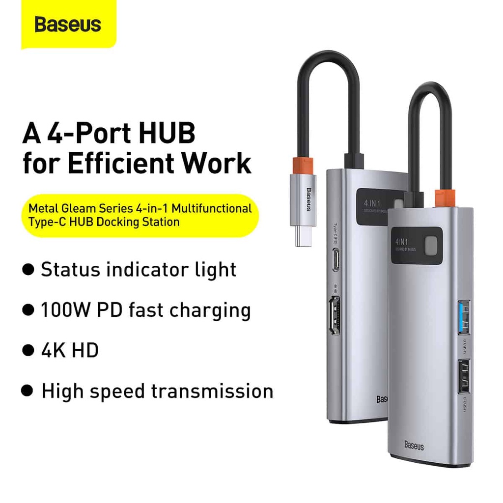 Baseus Original Metal Gleam 4 in 1 HUB Type C to 4K HDMI USB 3.0 100W Docking Station Multifunctional Tipe C Fast Charging Adapter Adaptor Ori