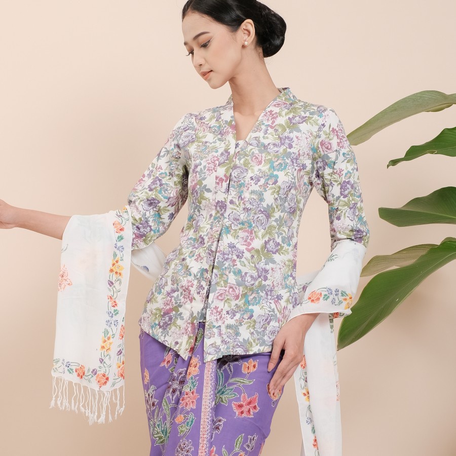 Kebaya Kartini Florine Lengan 7/8 Meradelima Katun Jepang Ungu Hijau