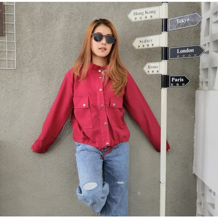 Sweater Jacket MAROON POCKIE Pakaian Outer Wanita Oversize Bahan Baby Kanvas Fashion Terkini Kasual OOTD Terbaru