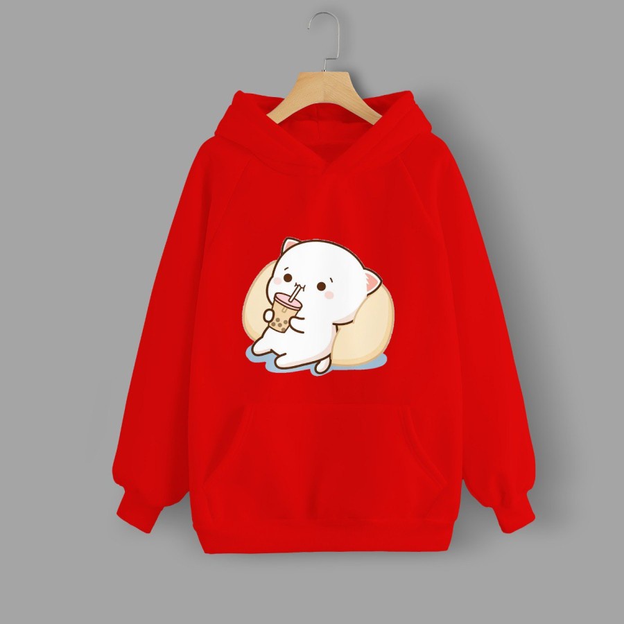 Hoodie Wanita Gambar Gomma Minum Boba Warna Merah Terlaris Vallenca Official