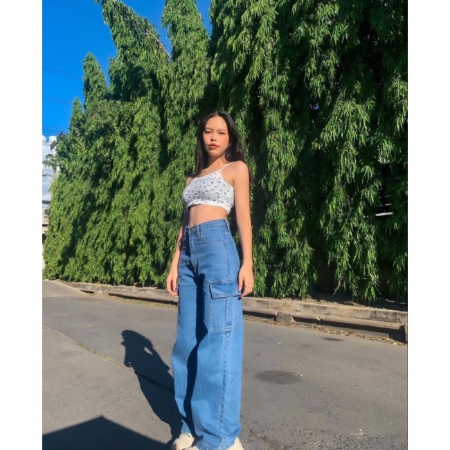 (27-34) MEDIUM BLUE HW CARGO LOOSE JEANS / BIRU MEDIUM HW CARGO LOOSE JEANS / CELANA HIGHWAIST CARGO LOOSE JEANS WANITA CEWEK