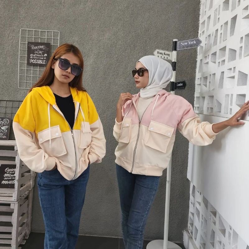 Sweater wanita TWO TONE JACKET sweater polos wanita hoodie wanita sweater wanita kekinian