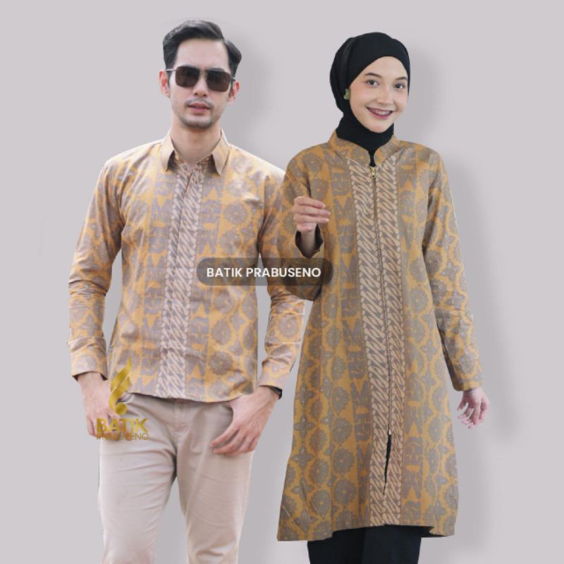 Batik Prabuseno Couple Set Hanum Kuning Atasan Tunik Wanita Dan Kemeja Pria Lengan Panjang Slimfit B