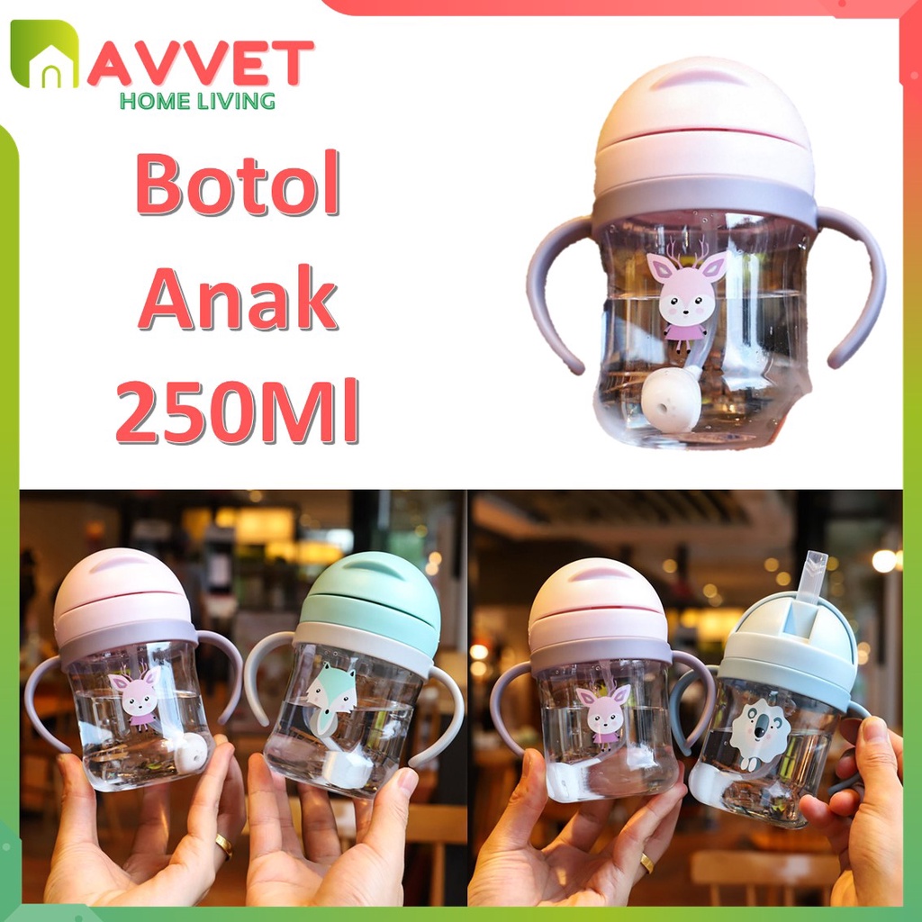 AVVET Botol Minum Anak Viral 280ML Botol Air Minum Anak Bayi Karakter Hewan Gelas Anak Balita Training Cup Baby Warna Pastel Botol Minum 280 ML