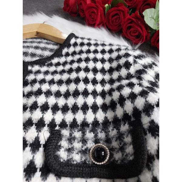 VN VICTORIA FUR CARDIGAN HOUNDSTOOTH KOREAN WINTER