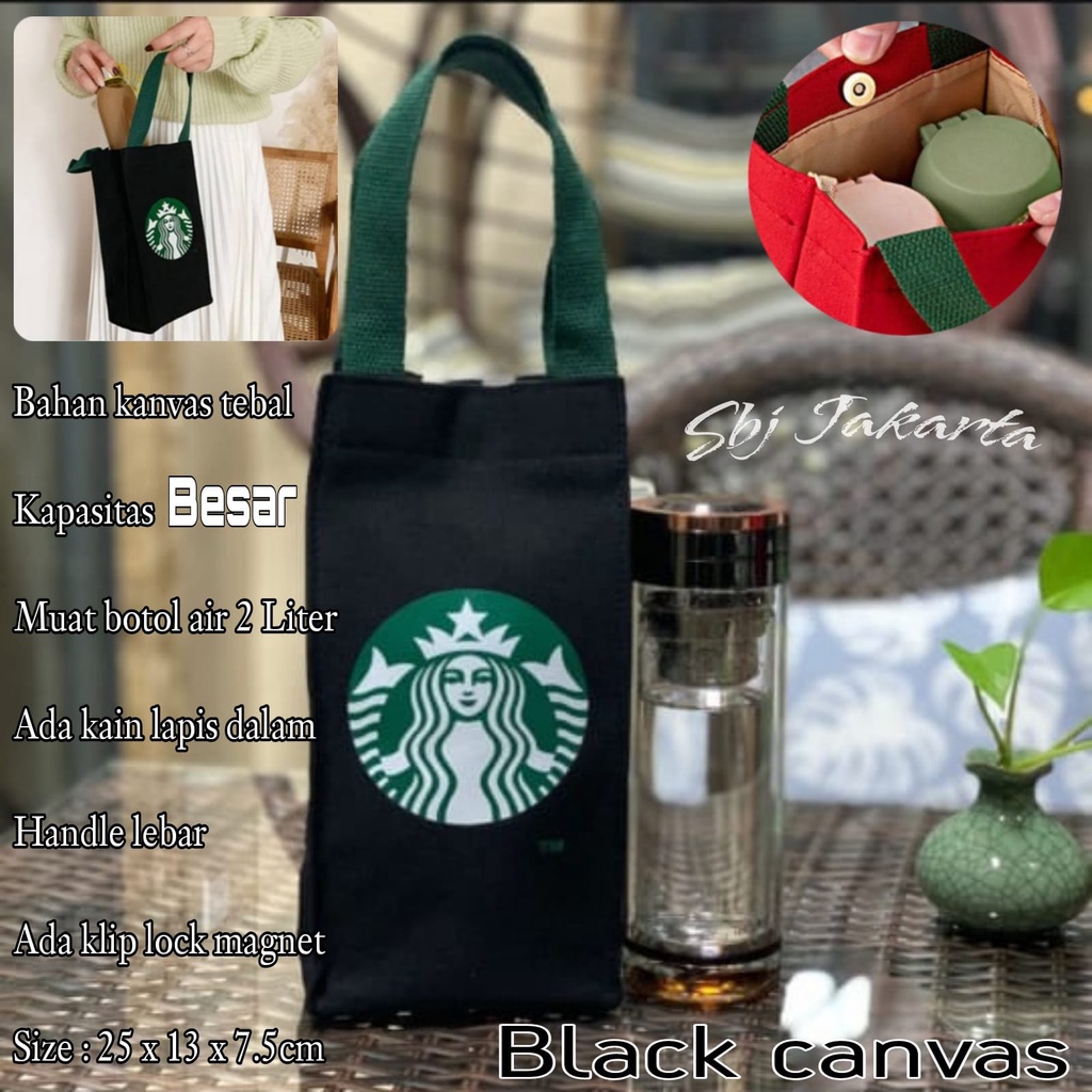 Tas Termos black canvas Tumbler Sarung Botol Minum Elastis dengan Tali PENDEK UKURAN BESAR