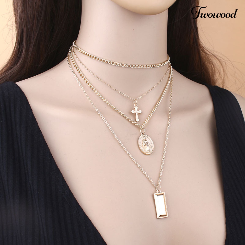 Kalung Choker Rantai Banyak Lapis Dengan Liontin Salib Yesus Gaya Retro Untuk Wanita