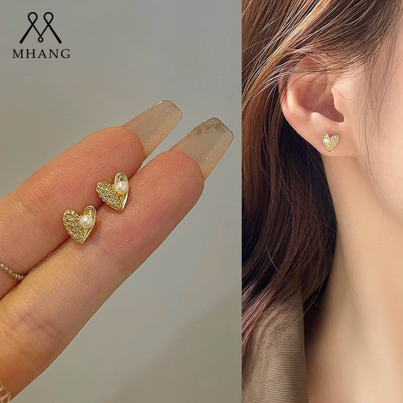Anting S925 Silver Needle Bentuk Hati Mutiara Mini Warna Emas Bahan Alloy Untuk Wanita