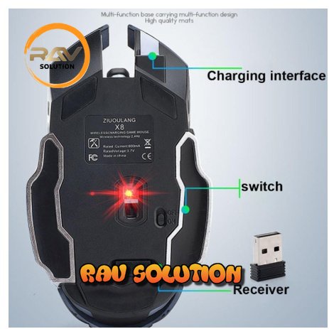 Mouse wireless gaming silent click rechargeble RGB Freewolf X8 /wireless mouse gaming RGB silent click recharge Black/Grey  - RAV SOLUTION